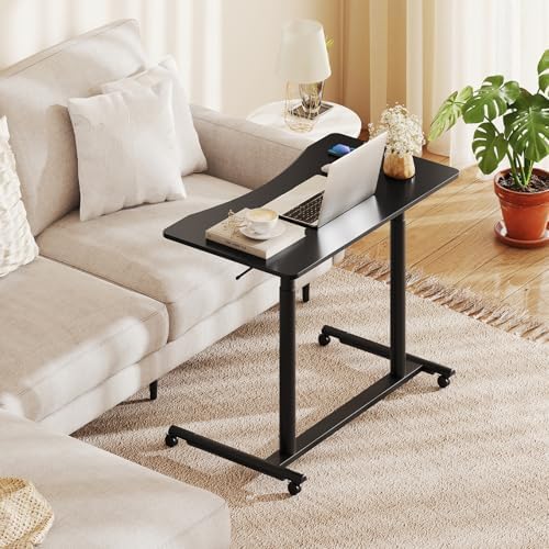 Tangkula Mobile Standing Desk, C-Shaped Sit Stand Desk with Adjustable Height, Lockable Wheels & Metal Frame, Rolling Laptop Desk, Portable Computer Workstation for Small Space (Black)