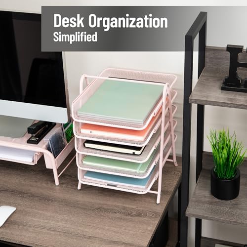 Mind Reader 5-Tier Paper Tray Organizer, Vertical Desktop File Storage Rack, Office, Metal Mesh, Pink