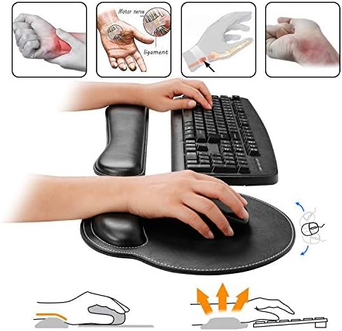 RICHEN Ergonomic PU Leather Keyboard Wrist Rest and Mouse Pad with Wrist Support, Memory Foam Set for Computer/Laptop,Gaming and Office, Comfortable for Easy Typing & Pain Relief (PU Black)
