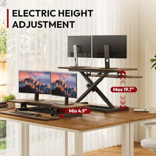 SANODESK Standing Desk Converter with Electric Motor 40" Height Adjustable Riser for Office Home,Dual Monitor and Laptop Workstation with Large Keyboard Tray, Rustic Color