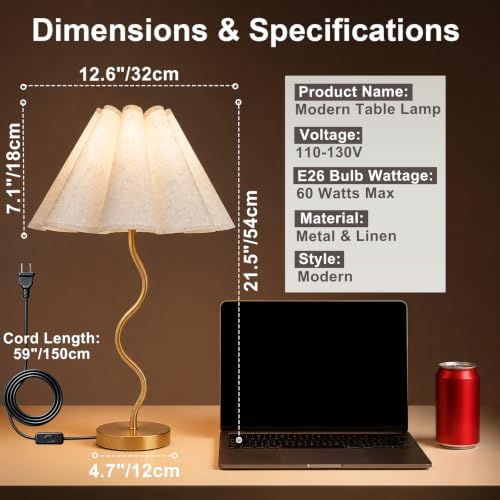 Gold Pleated Table Lamp, Modern Bedside Lamp with Wavy Scalloped Shade