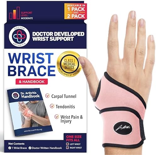 Doctor Developed Wrist Brace - Wrist wrap for Carpal Tunnel Arthritis,Tendonitis, Hand Support - Ideal for Fitness, Weightlifting - Handbook included (Pink (1 Pack)