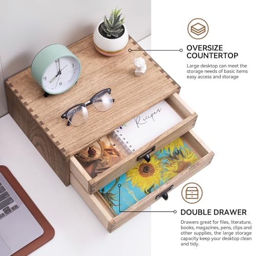 KIRIGEN Solid Wood Desk Organizer with 2 Drawers, Desktop Storage, Brown