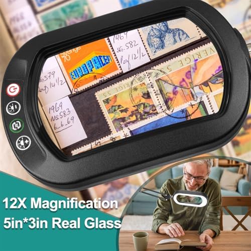 IVMAIE 12X Magnifying Glass with Light, Rectangle Real Glass Lens