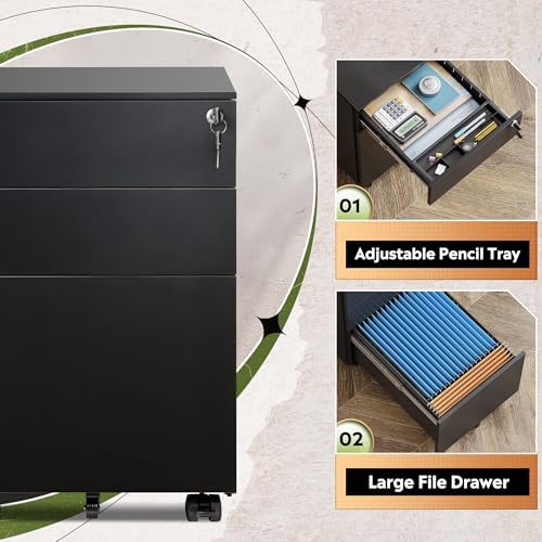 DEVAISE 3 Drawer File Cabinet with Lock, Fully Assembled Except Casters
