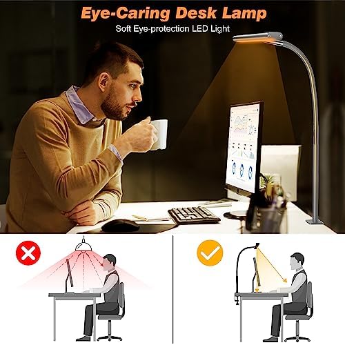 Airlonv LED Desk Lamp with Clamp, 17" Stepless Dimming Light, Grey