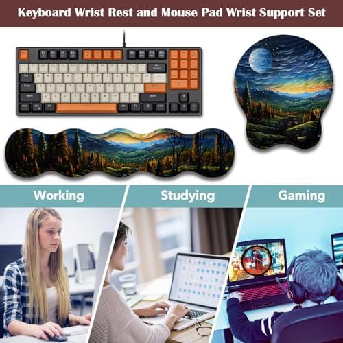 Keyboard Wrist Rest and Mouse Pad Wrist Support with Lace-Shaped Coaster Set, Ergonomic Gel Memory Foam and Anti-Slip Base, Easy Typing and Pain Relief - Art Moon Starry Night