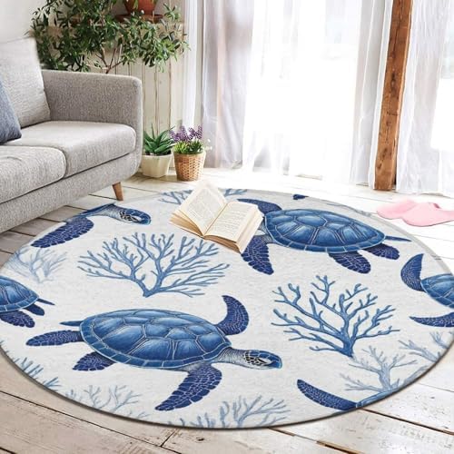 Soft Round Yoga Carpet, Large Home Decor Mat, Non Slip Machine Washable Kitchen Office Circle Rug Sea Turtle Grass Natural Watercolor