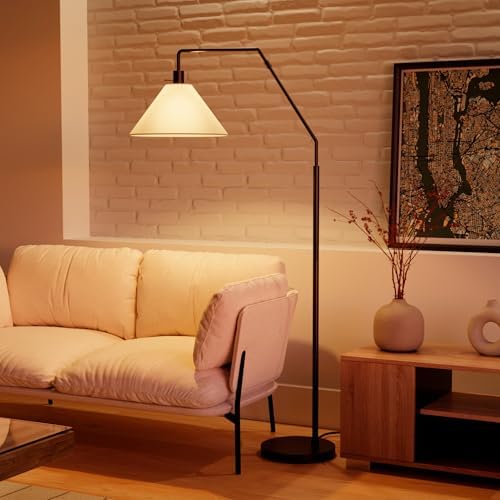 Globe Electric 61000171 65" Floor Lamp, Matte Black, Off-White Tapered Fabric Shade, On/Off Rotary Switch on Socket, 5-Foot Black Cord, 1-Light, 100W E26/Medium Base Bulb