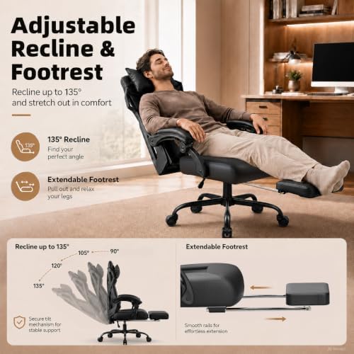 GTPLAYER Gaming Chair, Computer Chair with Mesh Back, Ergonomic Gaming Chair with Footrest, Reclining Gamer Chair with Adjustable Headrest and Lumbar Support for Gaming and Office (Black)