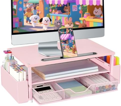 AUPSEN Pink Desk Organizers and Accessories, 2-Tier Wood Computer Monitor Stand with Drawer, Pen Storage & Phone Holder, Office Desk Accessories, Workspace Desktop Organization for Office Supplies