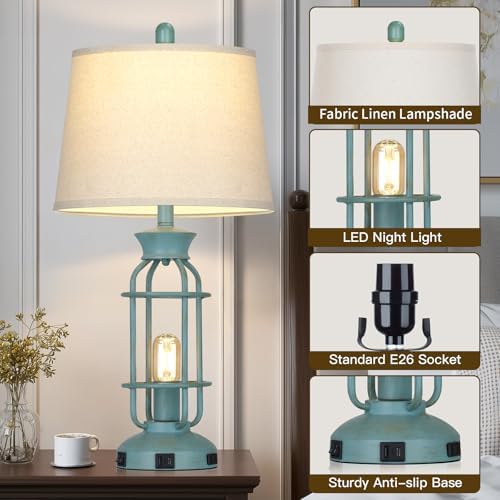 28" Tall Farmhouse Table lamps for Living Room, Vintage Industrial Table Lamp with USB C+A Ports & Outlet, Rustic Bedside Lamps with 2 Nightlight & Linen Fabric Shade for Nightstand Bedrooms Desk Blue