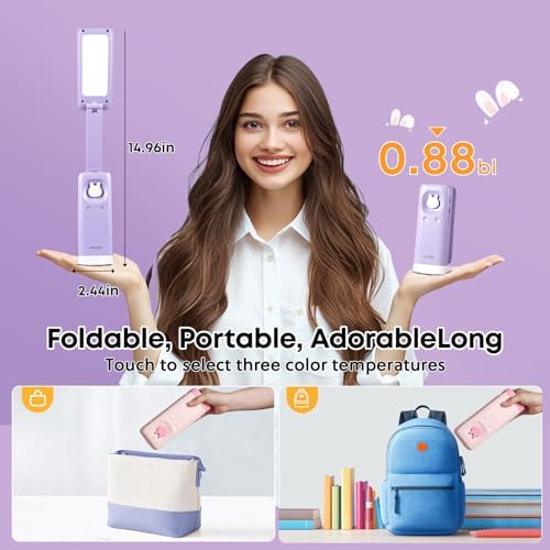 VAVOFO Cute Bunny Desk Lamp, Foldable LED Rechargeable Table Light, Eye-Caring Reading Lamp, 3 Color Modes & Dimmable, for Kids Girls Bedroom Study Dorm Room（Purple）