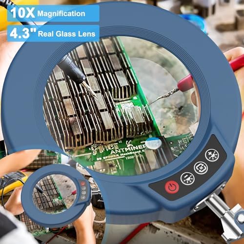 10X Magnifying Glass with Light and Clamp, Real Glass Stand Lighted Magnifier, 5 Color Modes Stepless Dimmable LED Desk Lamp Hands Free for Crafts Hobby Reading Painting Sewing Close Work - Blue