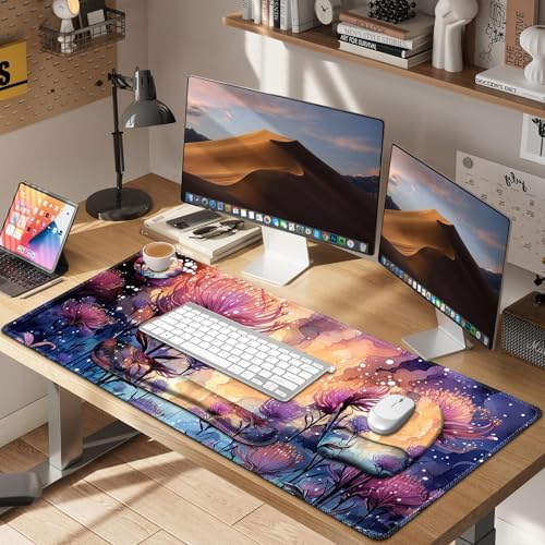 4 in 1 Large Mouse Pad, Keyboard Wrist Rest Set, Ergonomic Mouse Pad with Wrist Support, Desk Mat with Stitched Edges, Extended Desk Pad Waterproof Desk Mat for Home Office I Blossom Purple Flower