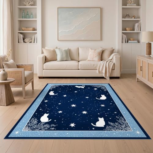 5'x7' Midnight Blue Cat Starry Design Ultra-Soft Area Rug