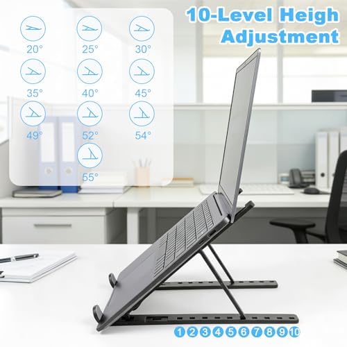 Laptop Stand for Desk, Adjustable 10-Angle Foldable Laptop Riser, Portable Black Plastic Tablet Holder, Ventilated Notebook Stand Compatible with All Laptops up to 17 Inch