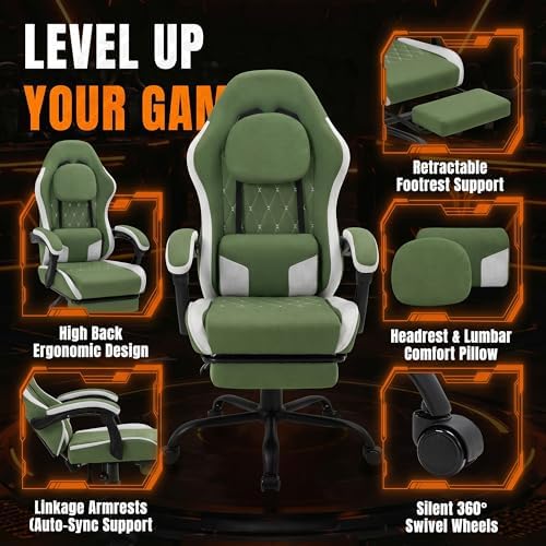Shintenchi Gaming Chair, Ergonomic Office Chair with Footrest, Lumbar Support and Linkage Armrests, Swive Home Video Game Chairs for Adults, Green
