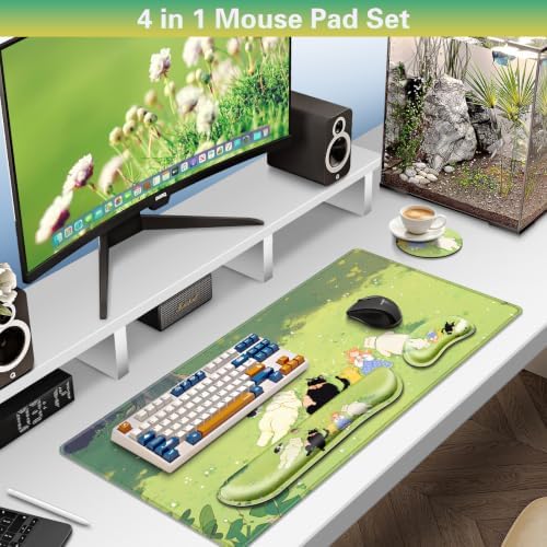 Canjoy Desk Mat with Wrist Rest, Anime Desk Pad for Keyboard and Mouse 4-in-1 Cute Cat Mouse Pad + Keyboard Wrist Rest+ Coaster(35.4×15.7 in) Extended Desk Pad Memory Foam Non-Slip Desk Mat