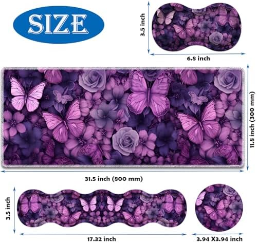 Mouse Pad Combo, Large Gaming Mouse Pad + Keyboard Wrist Support + Mouse Wrist Rest + Coaster, Table Pad 31.5 "x 11.8" with Memory Foam Ergonomic Wrist Pad Set, Butterflies Purple and Purple Flowers