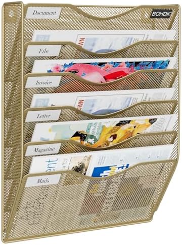 BOHDK Wall File Organizer, Hanging File Folder Mail Organizer, Vertical Mesh Metal Door/Wall Mount Hanging File Holder, Paper Document Magazine Rack with Hooks for Home Office (6 Tier Gold)