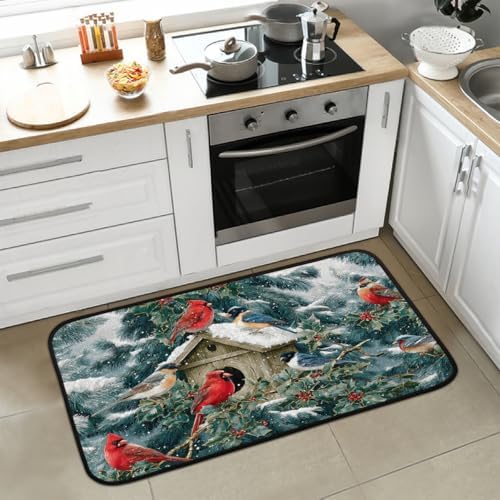 Christmas Door Mat Kitchen Mats, Christmas Winter Cardinal Holly Door Rugs, Cushioned Anti Fatigue Absorbent Kitchen Rug, Non-Slip Standing Desk Mat, Front Door Rug for Floor, Office, Sink, 20"×39"