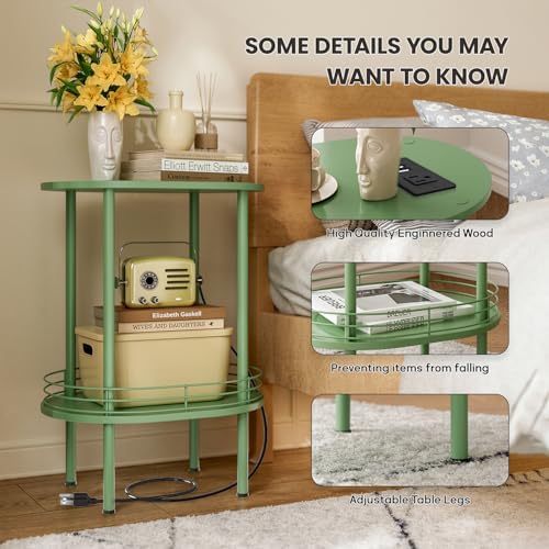Small Oval Side Table with Charging Station, 2-Tier Green Round End Table