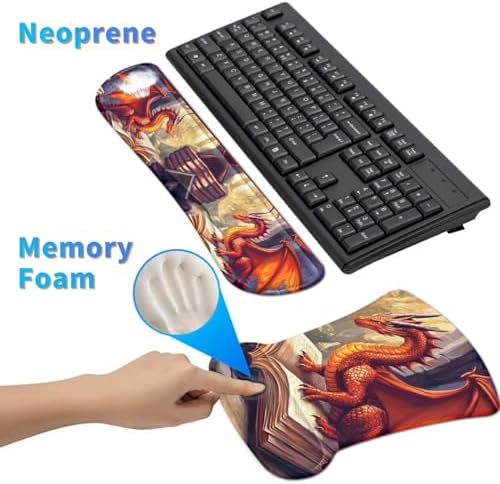 Ergonomic Mouse Pad with Wrist Support Gel Mouse Pads and Upgrade Keyboard Wrist Rest Pad Set, Coasters Non-Slip PU Base Mouse Mat for Office Gaming Computer Laptop Home, Red Dragon Books