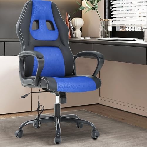 PayLessHere Gaming Office Chair Support Adjustable Ergonomic PU Leather Racing Lumbar Massage Headrest Armrest Task 360° Swivel Computer Chair for Women Men Adults, Blue