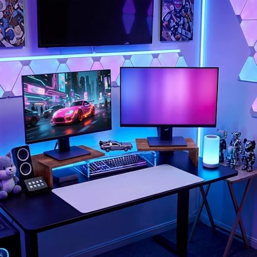 High-Clarity Dual Monitor Riser, Desk Organizer for Computer Monitor, Acrylic Monitor Riser with Keyboard Storage, Adjustable Angle & Length Computer Monitor Stand Walnut Look