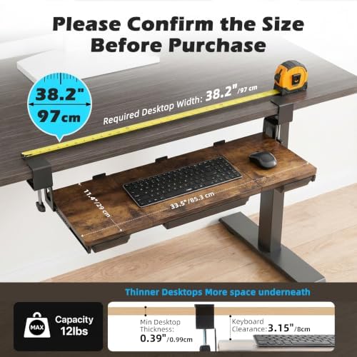 Large Keyboard Tray Under Desk 33.5x11.4“ with 3 Drawer,Mahogany