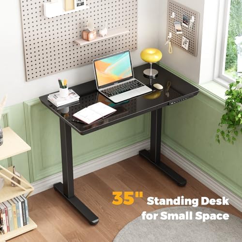 35" Electric Standing Desk with Drawer, One-Piece Glass Top