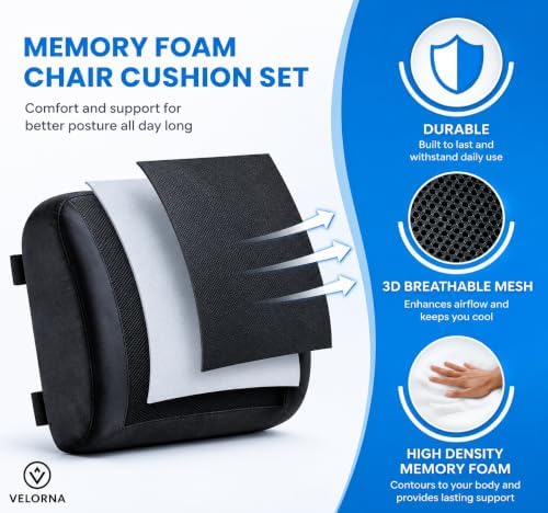 2-in-1 Memory Foam Seat Cushion & Lumbar Support Set | Ergonomic Office Chair Cushion for Tailbone, Sciatica & Help Back Pain Relief | Non-Slip Coccyx Pad, Washable Cover, Adjustable Strap