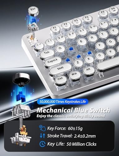 Typewriter Mechanical Gaming Keyboard and Mouse, Metal Panel Retro Keyboards with Round Keycap Blue Switch, Rainbow LED Backlit 104-Key Anti-Ghost Wired Mouse and Pad Combo for PC Laptop Mac Gamer