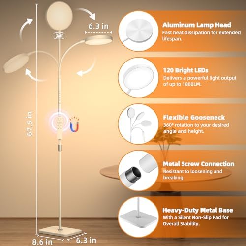 PACOVY Floor Lamp, Adjustable Height Floor Lamps for Living Room Bedroom, 120 LED Super Bright Standing Lamp Remote Control, Dimmable Gooseneck Tall Stand Reading Lamp Light for Office Craft, White