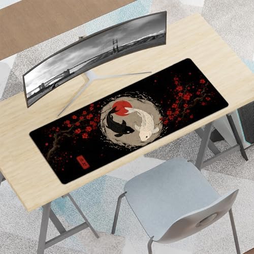 Koi Fish Gaming Mouse Pad,Japanese Large Desk Mat, 31.5x11.8x0.12in Extended Non-Slip Rubber Red Flower Art Mousepad, Computer Deskmat Gifts, Laptop Mice Pads Decor for Office Home