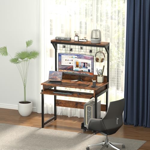 Computer Desk with Keyboard Tray and Storage Shelf, 31.5 Inch Office Desk with Computer Tower Stand, Home Office Desk for Small Space, Writing Table Workstation, Rustic Brown (Rustic Brown)