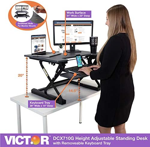 Victor High Rise 31-Inch Desk Converter, Height Adjustable Sit to Stand Riser, Dual Monitor and Laptop Workstation with Keyboard Tray, Gray