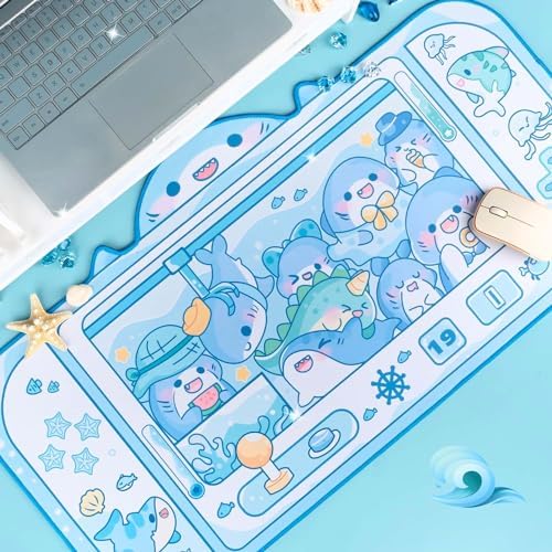 BelugaDesign Shark Desk Pad | Cute Pastel Large Mouse Pad | Cutecore Ocean Switch Anime Keyboard Gaming Mousepad | Machine Washable Nonslip Desk Blotter Protector for Kids Teens and Women (Blue White)