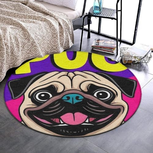 Soft Round Yoga Carpet, Office Chair Decor Round Mat for Carpet and Hardwood Floors Colorful Pug