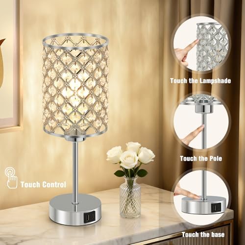 GyroVu Silver Crystal Bedside Table Lamps Set of 2 with USB C+A Ports