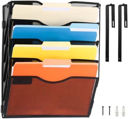 EASEPRES 5 Pocket Mesh Hanging Wall File Organizer with Hangers & Nametag Label, Wall Mounted Mail Paper Document Folder Holder, Clipboard Storage Organization Magazine Rack for Office Cubicle, Black