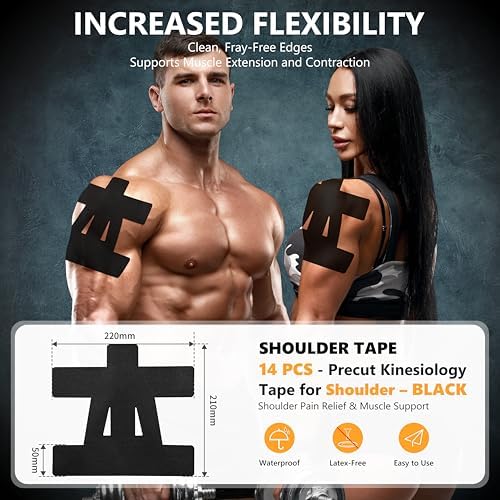 Precut Kinesiology Tape for Shoulder – 14 PCS Elastic Shoulder Support Tape, Waterproof & Breathable, Hypoallergenic Sports Tape for Pain Relief, Black