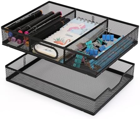 Office Drawer Organizer, 2 Pack Metal Mesh Desk Draw Divider, Versatile Desktop Organizer Tray to Keep Supplies Tidy and Easy to Access, Stackable A4 Paper Holder Tray for School
