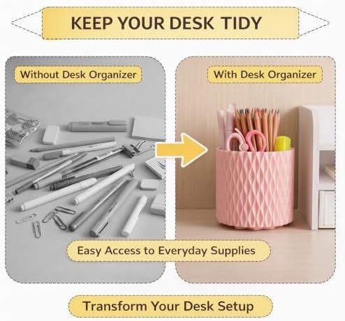 Pink Pen Holder for Desk, 360° Rotating Pencil Organizer, 5 Slots