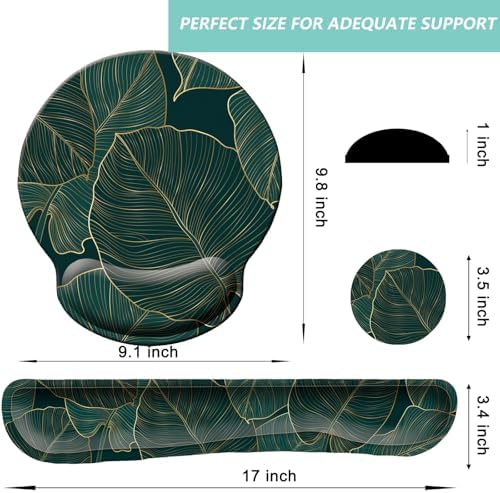 Keyboard Wrist Rest Pad Mouse Pad with Wrist Support Set of 3, Mousepad with Non-Slip Rubber Base, Ergonomic Memory Foam Mouse Wrist Cushion Support for Home Office Laptop Computer, Green Leaves