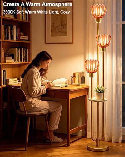 Lightdot Lotus Glass Floor Lamp with Shelf Red Flower Gold Floor Lamps