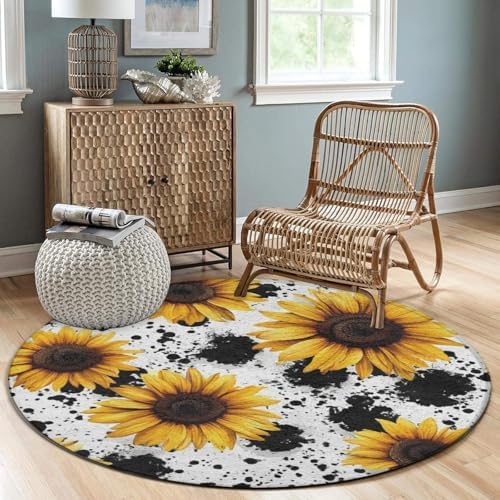 Room Sofa Yoga Soft Round Carpet, Home Decor Non Slip Kitchen Office Circle Rug, Machine Washable Modern Round Area Rug 80s Vintage Sunflower Cow Print, 24inch