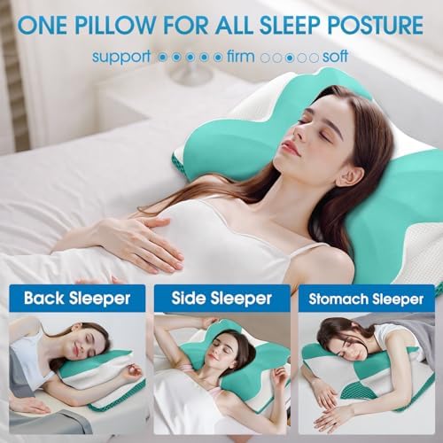 CloudBliss Cervical Memory Foam Pillow for Neck and Shoulder, Contour Neck Support Pillow with Cooling Case, Ergonomic Bed Pillow, Support for Side Back Stomach Sleepers (Green, King Size)