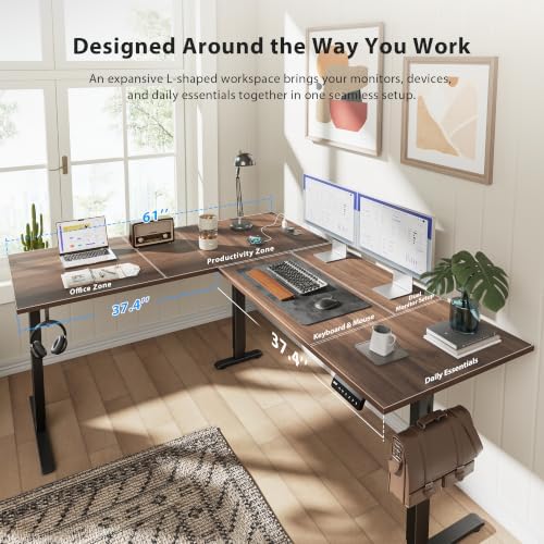75x61 Inch L Shaped Electric Standing Desk, Corner Workstation, Dark Walnut